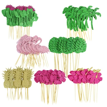 열대 컵케이크 토퍼 하와이 이쑤시개, 플라밍고 파인애플 손바닥 잎 모양 픽, 여름 해변 파티 용품, 10 개