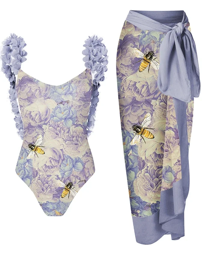 Petal Trim One Piece Backless Swimsuit and Cover Up Women Fashion Print Push Up Swimsuit Luxury Bathing Suit Beachwear 2024
