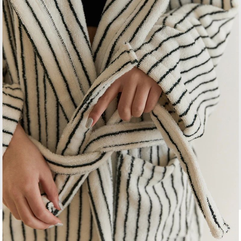 Women's Pinstripe Pajamas Ins Style Simple Pinstripe Nightgown Hooded Loose Adult Couple Hotel Home Bathrobe