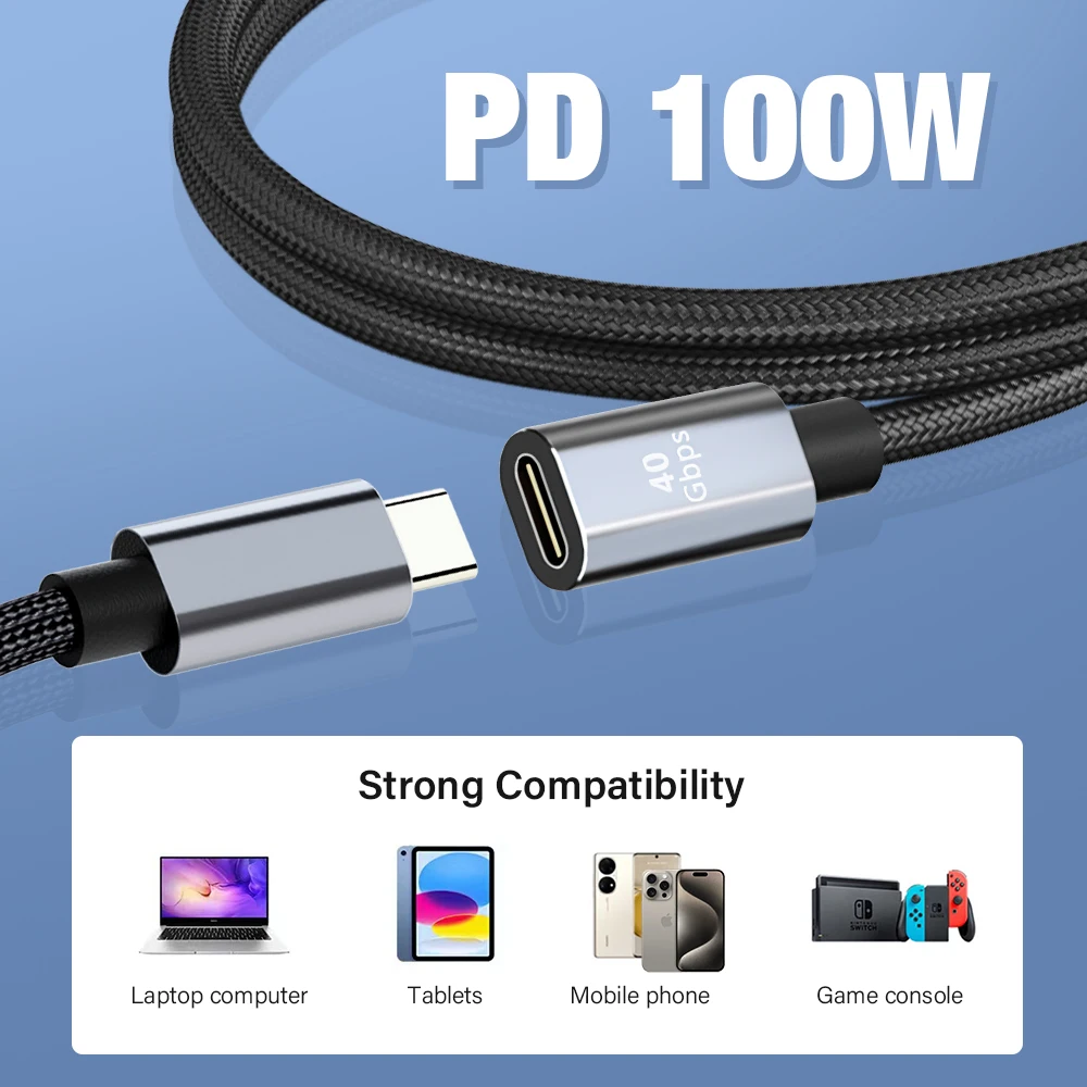 썬더볼트 4 USB C 연장 케이블 USB4 확장 40Gbps 데이터 케이블 8K@60Hz PD 5A/100W 타입-C 데이터 와이어 아이폰 15 맥북 프로용