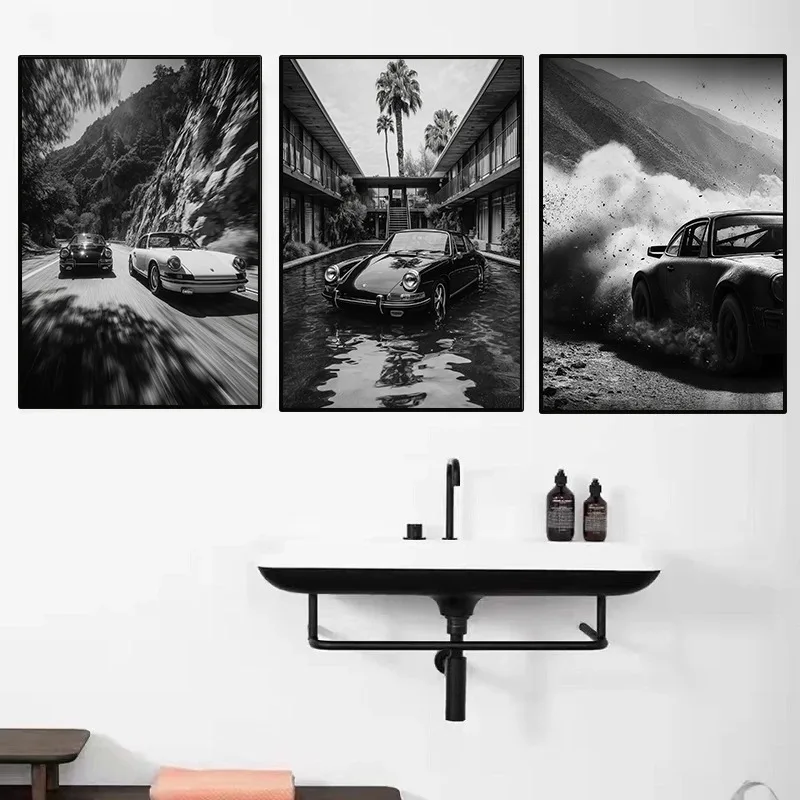 Three Black And White Car Prints.