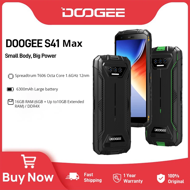 Doogee S41 Max Rugged Phone 5.5 "Ips Hd 13Mp Ai Triple Camera 16Gb Ram + 256G Rom Quad Core 6300Mah Android 13 Phone