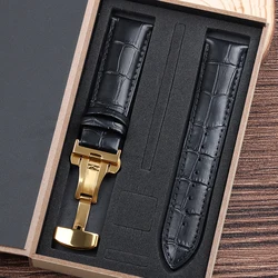 Premium Leather Watch Strap with Butterfly Clasp - Gift Box Included - 14mm (Black Gold)