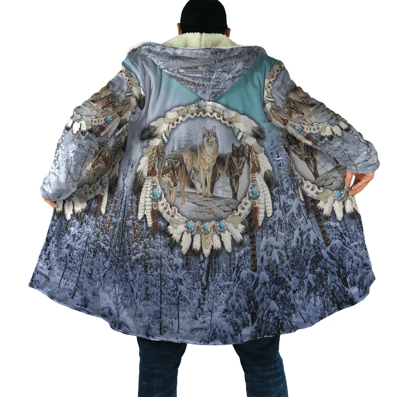 Mens cloak Beautiful Tribal Native Wolf 3D full Printing Thick Fleece Hooded Coat Newest Unisex Casual Warm Cape coat