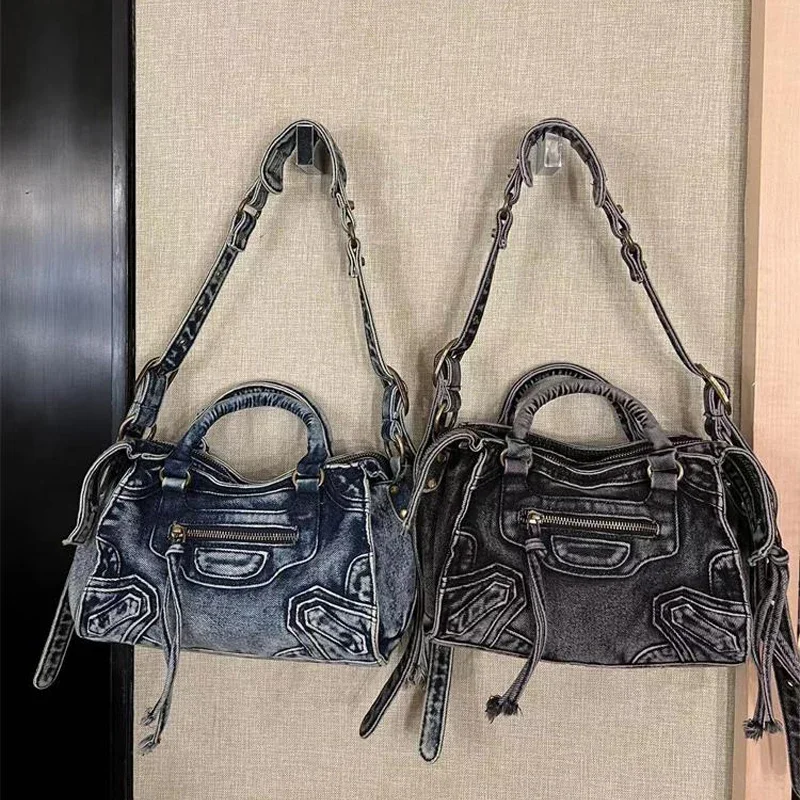 Denim Canvas Spicy Girl Motorcycle Bag Tote Bag Women 2024 European American Fashion Shoulder sac Crossbody Bag handbag female