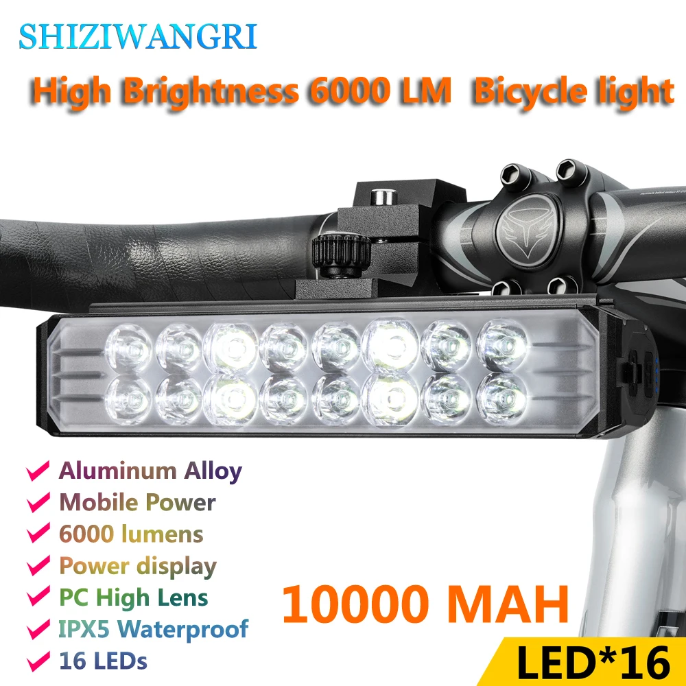 

10000mAh Bike Light Aluminum Housing 6000 Lumens High Brightness USB Rechargeable Bike Light Kit 16 LED Bicycle Flashlight
