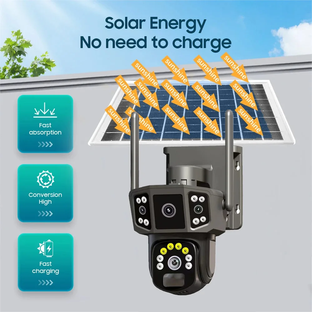 Outdoor panoramic pan tilt solar camera without power or network, remote three screen night vision orchard monitoring camera