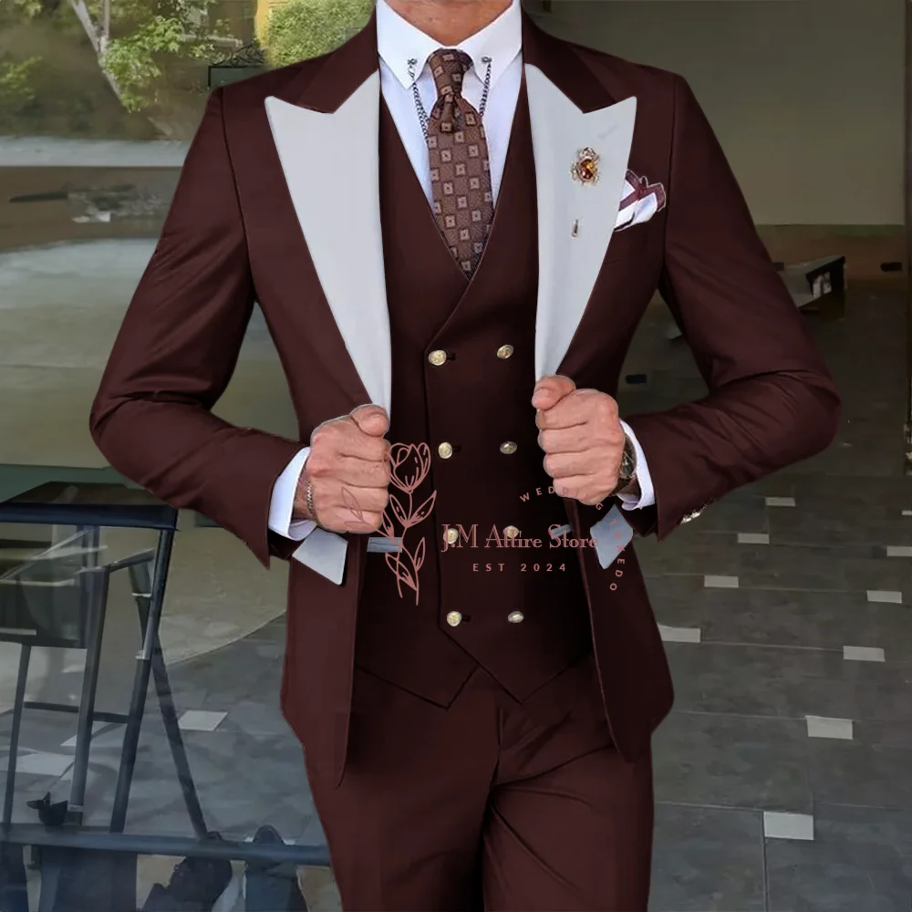 Formal Men Suits 3-piece in Grey Tuxedo Slim Fit Groom White Peak Lapel Blazer Vest Pants Sets for Wedding Banquet Dinner Party