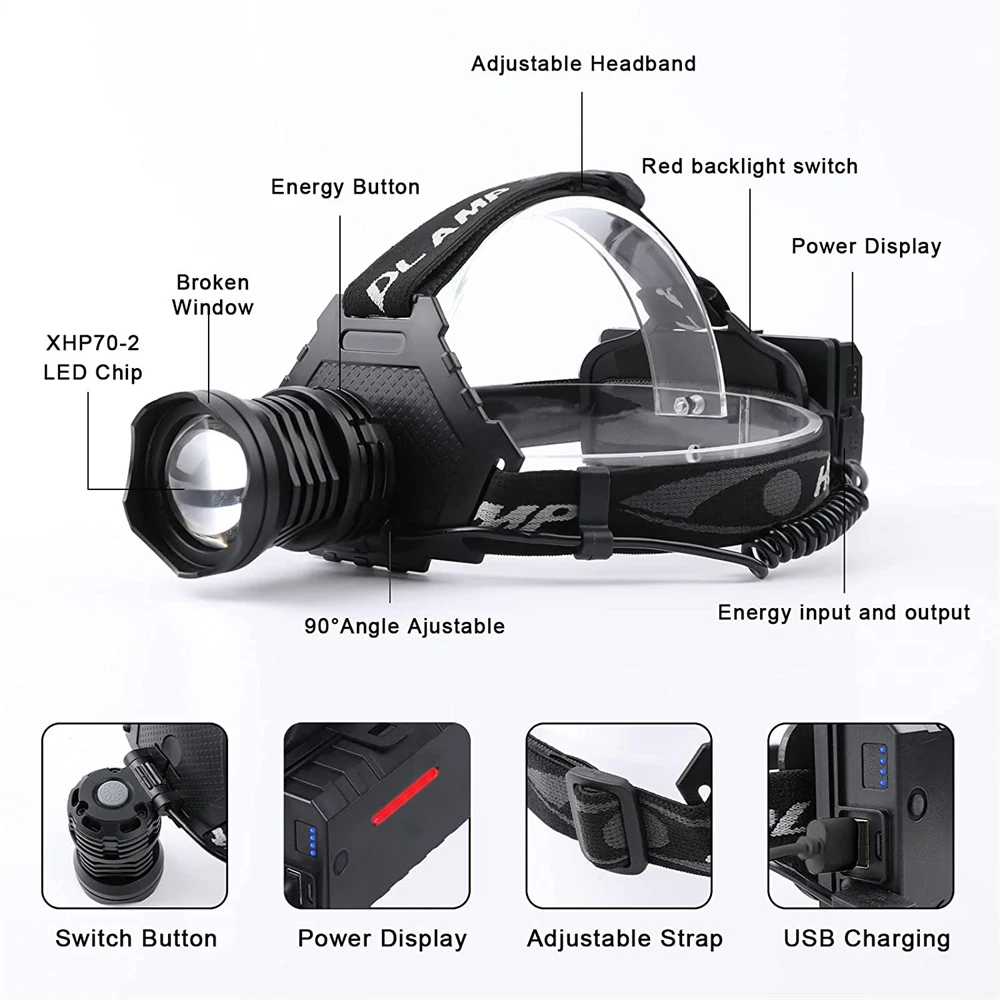 XHP70 LED 충전식 헤드램프 90000, 높은 루멘 줌 18650 헤드라이트, 방수 헤드 손전등 출력, 야외 캠핑 러닝
