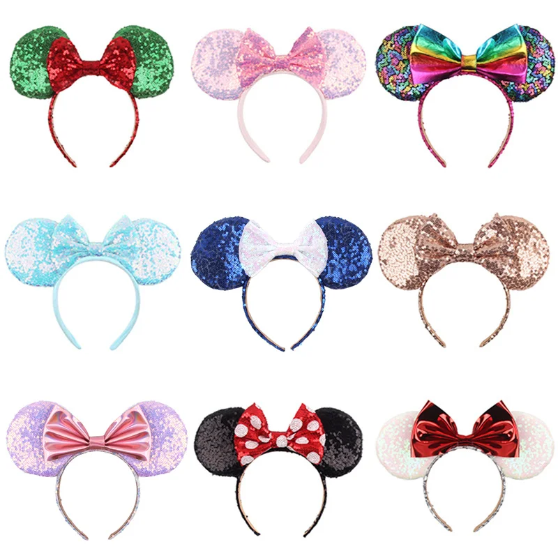 10Pcs Wholesale Large Mouse Ears Headband Bow Headwear Festival Hair Accessories Hairband Sequin Hair Bows For Girls Women Gift