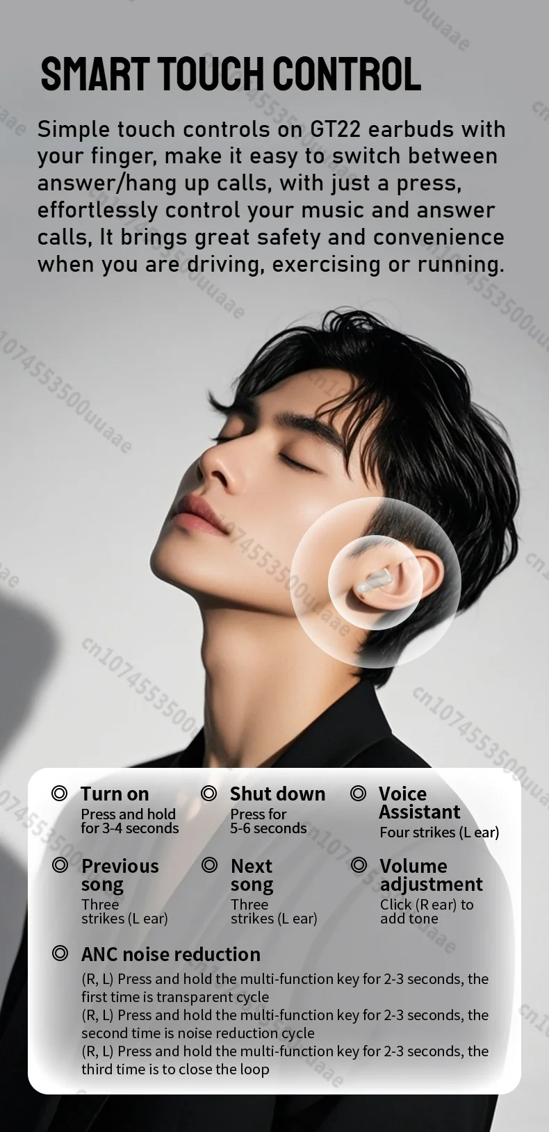 Monster AuraFit GT22 -35dB Active Noise Cancelling Earbuds 360° Stereo Wireless Bluetooth Headphone ANC Bluetooth 5.3 Earphone