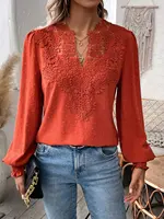 Womens Long Sleeve Sweaters Fall 2024 Trendy Sexy Lace V Neck Puff Sleeve Pullover Sweater Cute Tops - Image 3
