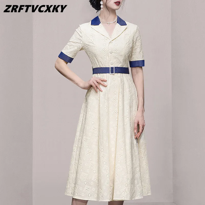 

Summer Women Notched Patchwork Dresses Korean Short Sleeve A-Line Fashion Embroidery Party Lady Casual Office Dress Vestidos