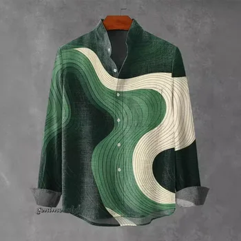 Camicia a maniche lunghe con colletto rialzato da uomo Stampata in 3D a righe irregolari Moda Gentiluomo Primavera Autunno 2025 1