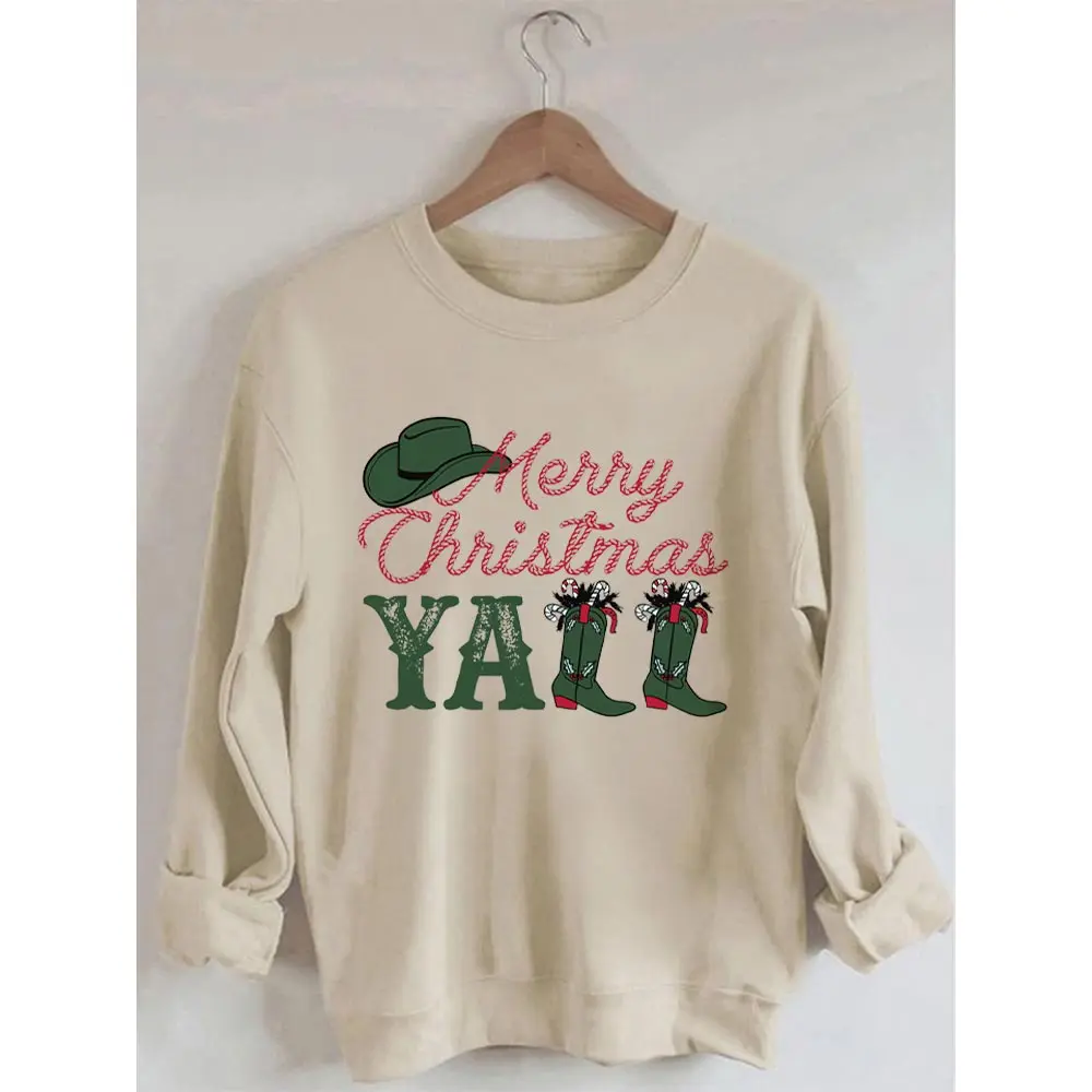 

Rheaclots Cowboy Merry Christmas Print Women's Cotton Female Cute Long Sleeves Sweatshirt