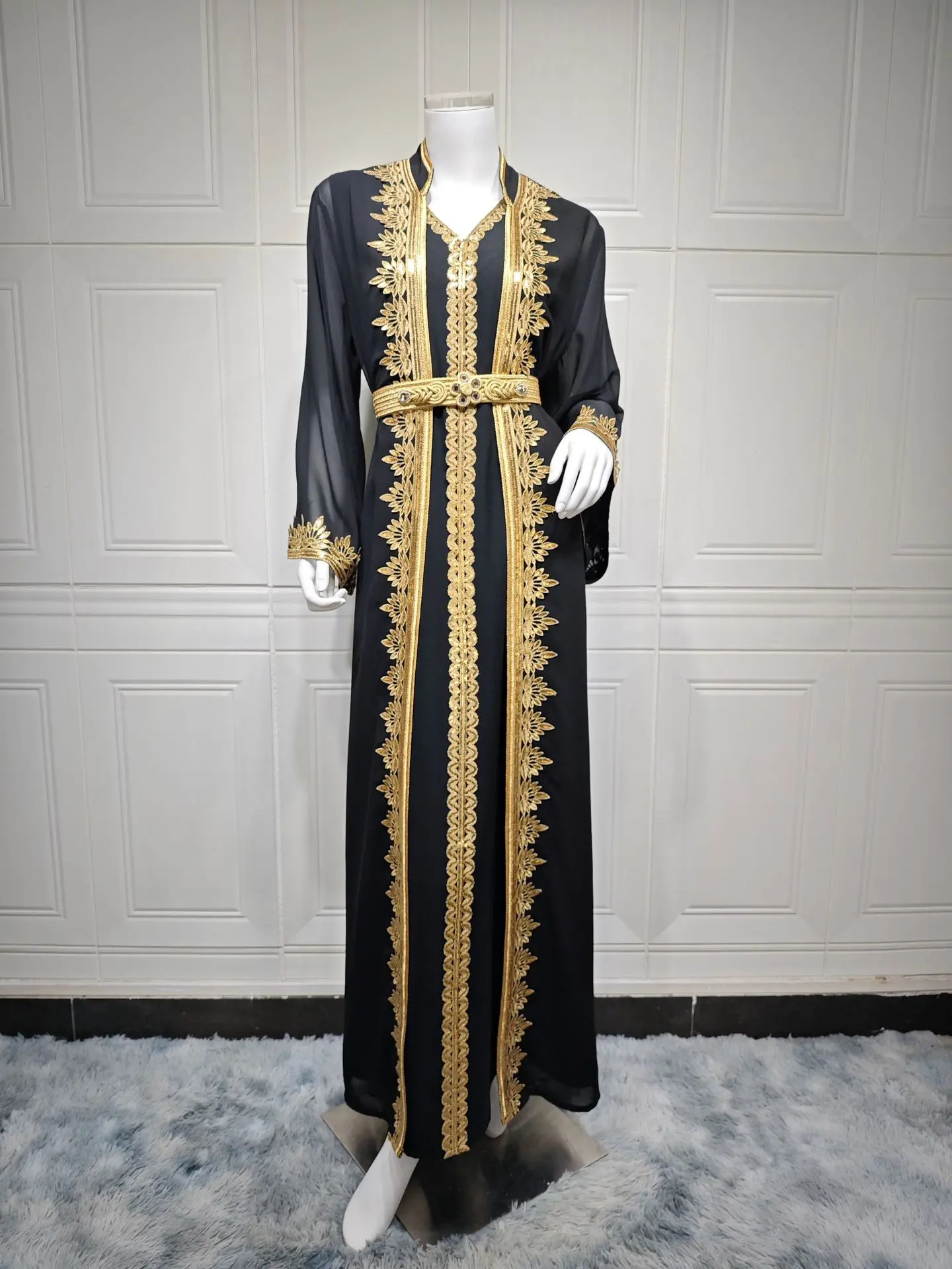 slim fit dress slacks Mahin Black and Gold Embroidered Chiffon Modest Long Maxi Dress | Modest Muslim  Dresses