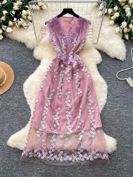 SINGREINY Embroidery Floral Dress Summer 2026 Mesh V Neck Sleeveless Slim A-line Romantic Ladies High Quality Elegant Long Dress 1
