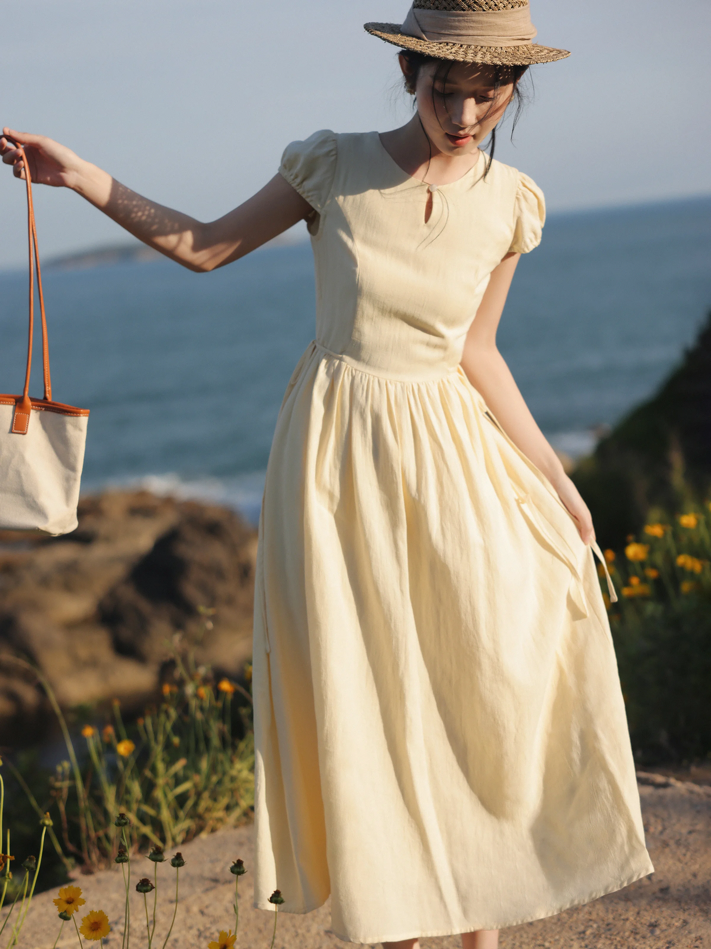 Elegant Summer French Dress Petite Women Lyocell Puff Sleeve Maxi Sundress  Casual Yellow A-Line Long Dress Vacation or Picnic - AliExpress