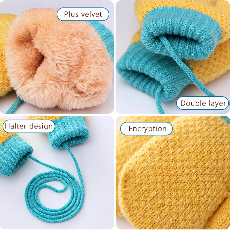 Winter Baby Boys Girls Knitted Gloves Warm Full Finger Mittens Gloves with Rope For Children Toddler Kids 1-3Years Winter Gloves