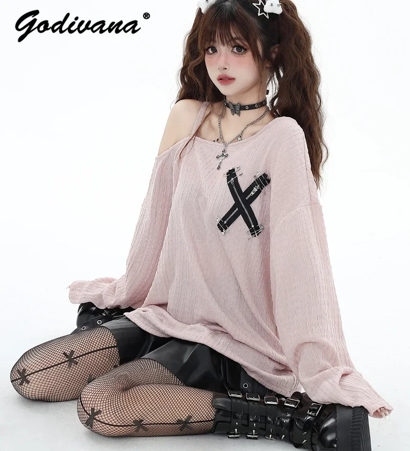 

Casual T-shirt Hot Girl Off-the-Shoulder Top Spring Autumn Loose T-shirt Long Sleeve Women's Tee Basic Shirt Top Inner Wear