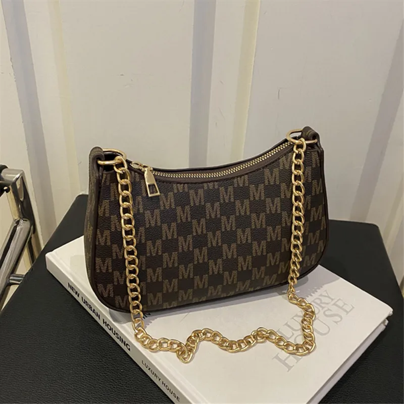 Vintage Monogram Crescent Underarm Bag Luxe M Design with Gold Chain Chic Mini Shoulder Bags for Trendy Daily Style Square Bag