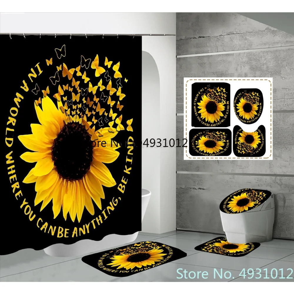 

2023 4Pcs Sunflowers Shower Curtain Set with Non-Slip Rug Toilet Lid Cover Bath Mat Yellow Flower Gold Butterfly Bathroom Drapes