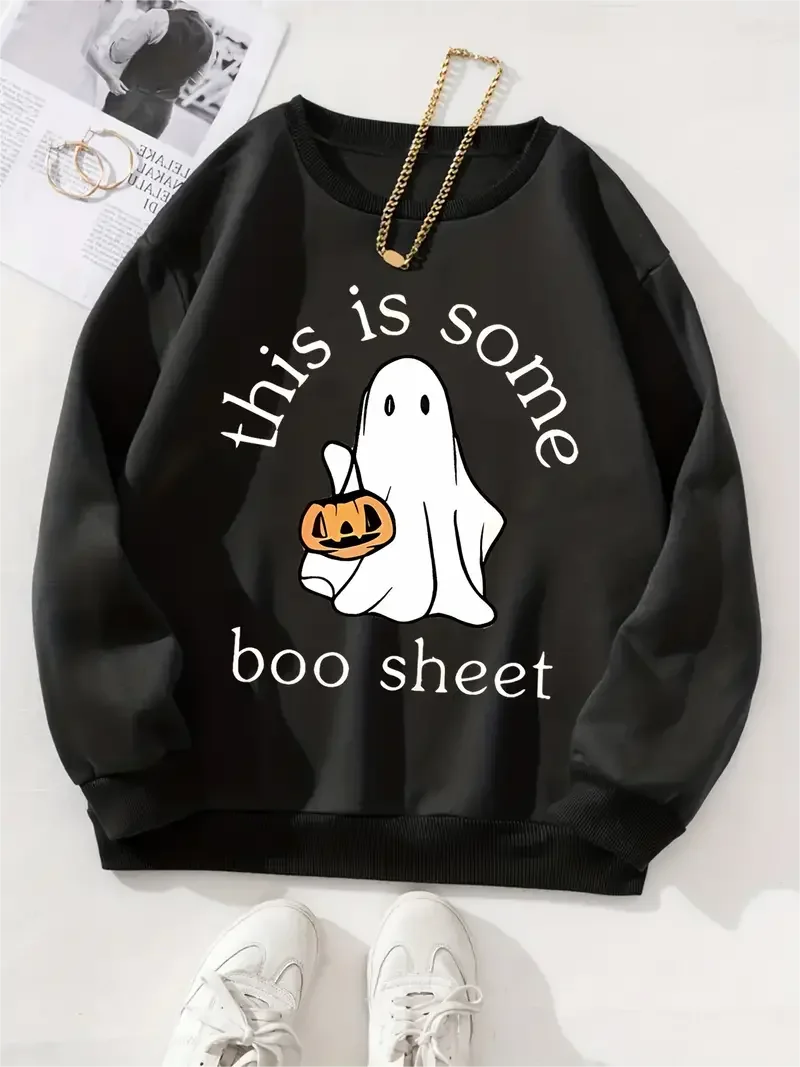 Ghost & Pumpkin Print Casual Pullover Sweatshirt, Round Neck Long Sleeves Sports Sweatshirt, Halloween Women's Clothing