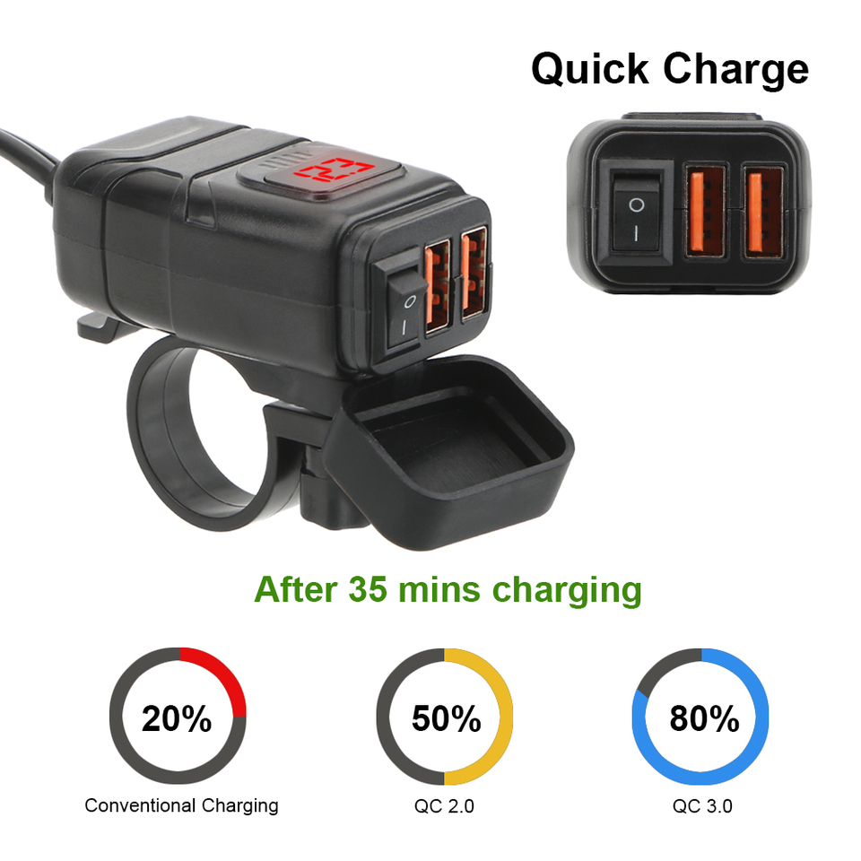 QC 3.0 Dual USB Charger Moto Accessories Vehicle-mounted Motorcycle Quick Charger ON OFF Switch Digital Voltmeter Adapter