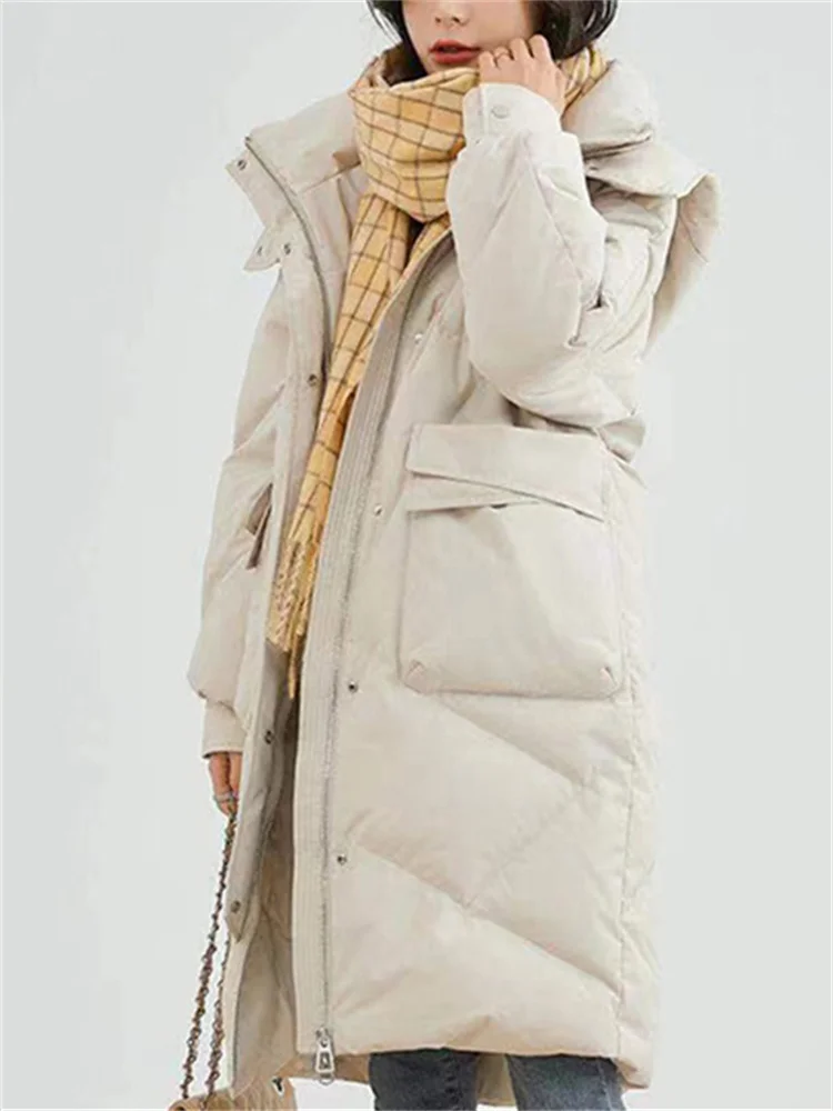 

Mid Length Down Jacket for Women Autumn Winter 2023 New Fashion Long Sleeve Parkas Vintage Casual Zippers Hooded Coats