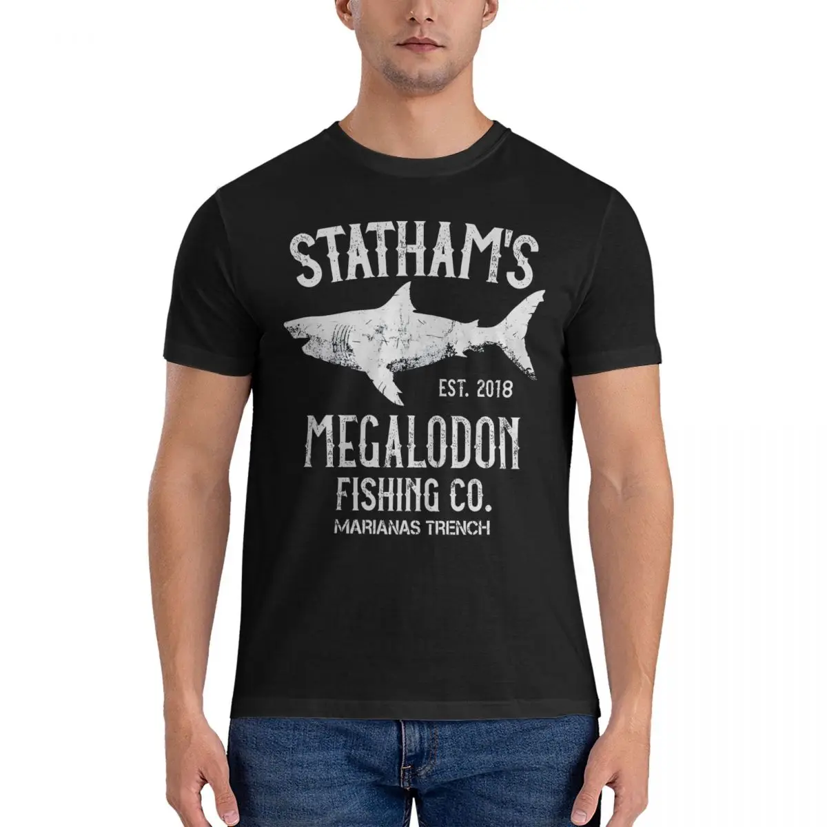 Uomo The Meg - Jason Statham - Megalodon Shark Fishing T Shirt Auto E Shaw 100% Cotone Top Vintage Manica Corta Girocollo