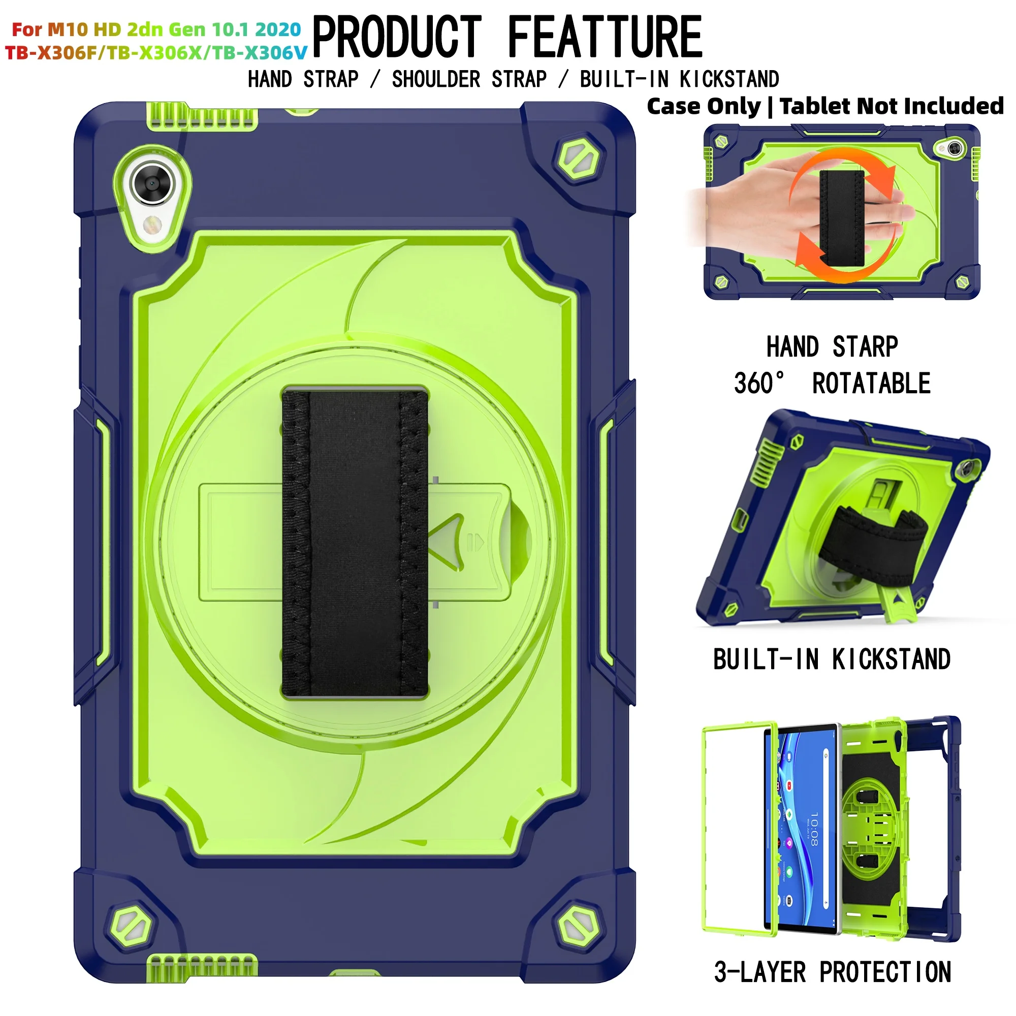 Heavy Duty Shockproof Tablet Case with 360° Rotatable Kickstand, Hand Strap, and Shoulder Strap