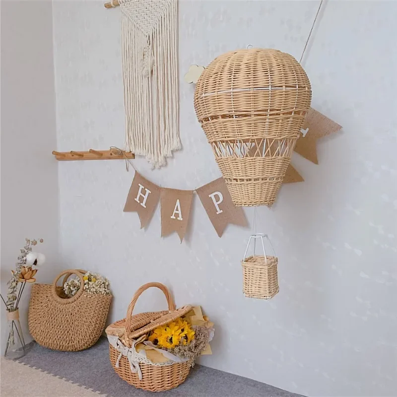 Rattan Hot Air Balloon Decor Hand-woven Wall Hanging Decor Handmade Nordic Photograph Prop for Kids Room Kindergarten Nursery