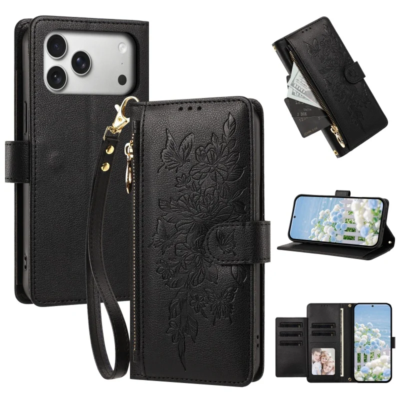 Elegant Pattern Leather Zipper Wallet Phone Case with Wrist Strap and Card Holder Cover