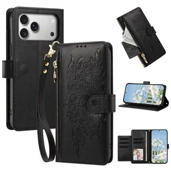 Elegant Pattern Leather Zipper Wallet Phone Case with Wrist Strap and Card Holder Cover - iPhone 15 (Black)