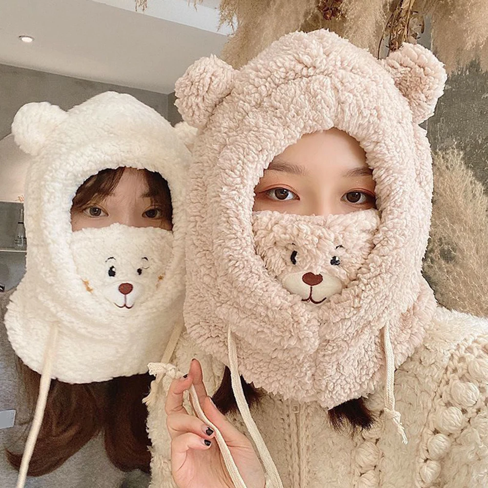 

Winter Cartoon Hat With Mask Bear Lamb Beanie Hats Warm Thickened Ear Protection Skullies Beanies For Women Girl Kawaii