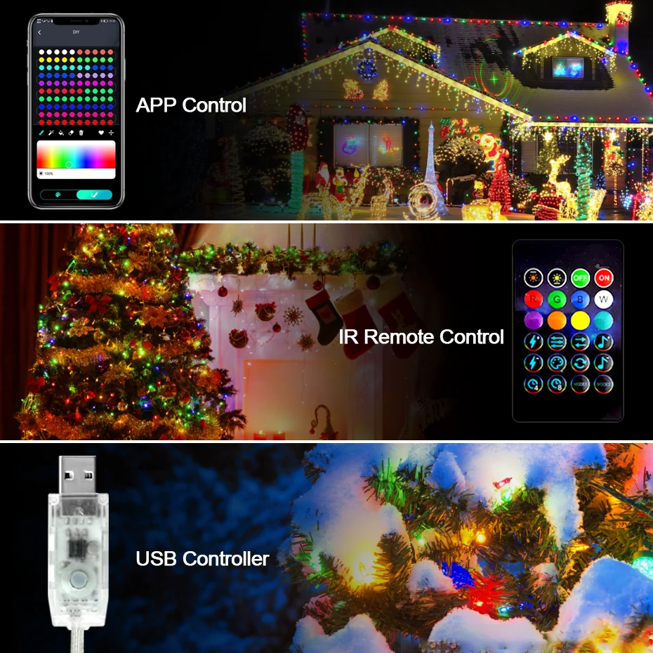 USB 블루투스 스마트 LED 스트링 조명, 드림 컬러 음악, WS2812 RGBIC LED 요정 조명, IP67 방수, 크리스마스 파티, 5V