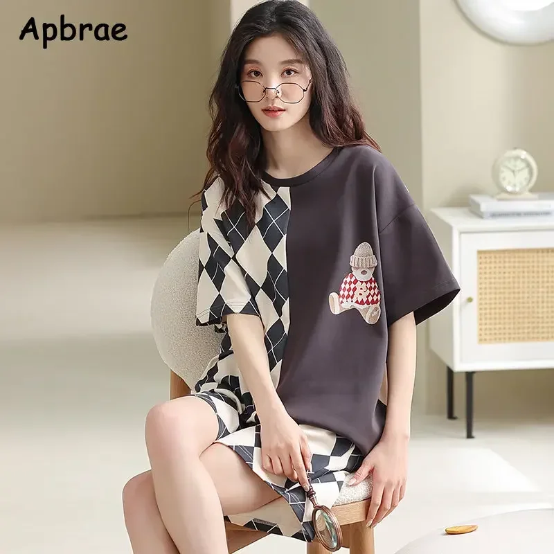 100% Cotton Pajamas for Women Short Sleeved High Quality Pijamas Loose Size Summer Pyjamas Cute Bear Print Women's Nightwear - Image 4