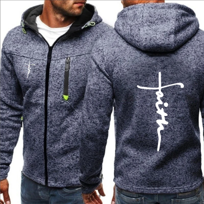 2023 Men's Autumn Fashion faiths Printed Hooded Jacket Winter Fleece Sweatshirts Knit Zipper Long Sleeved Pullover Hoodie