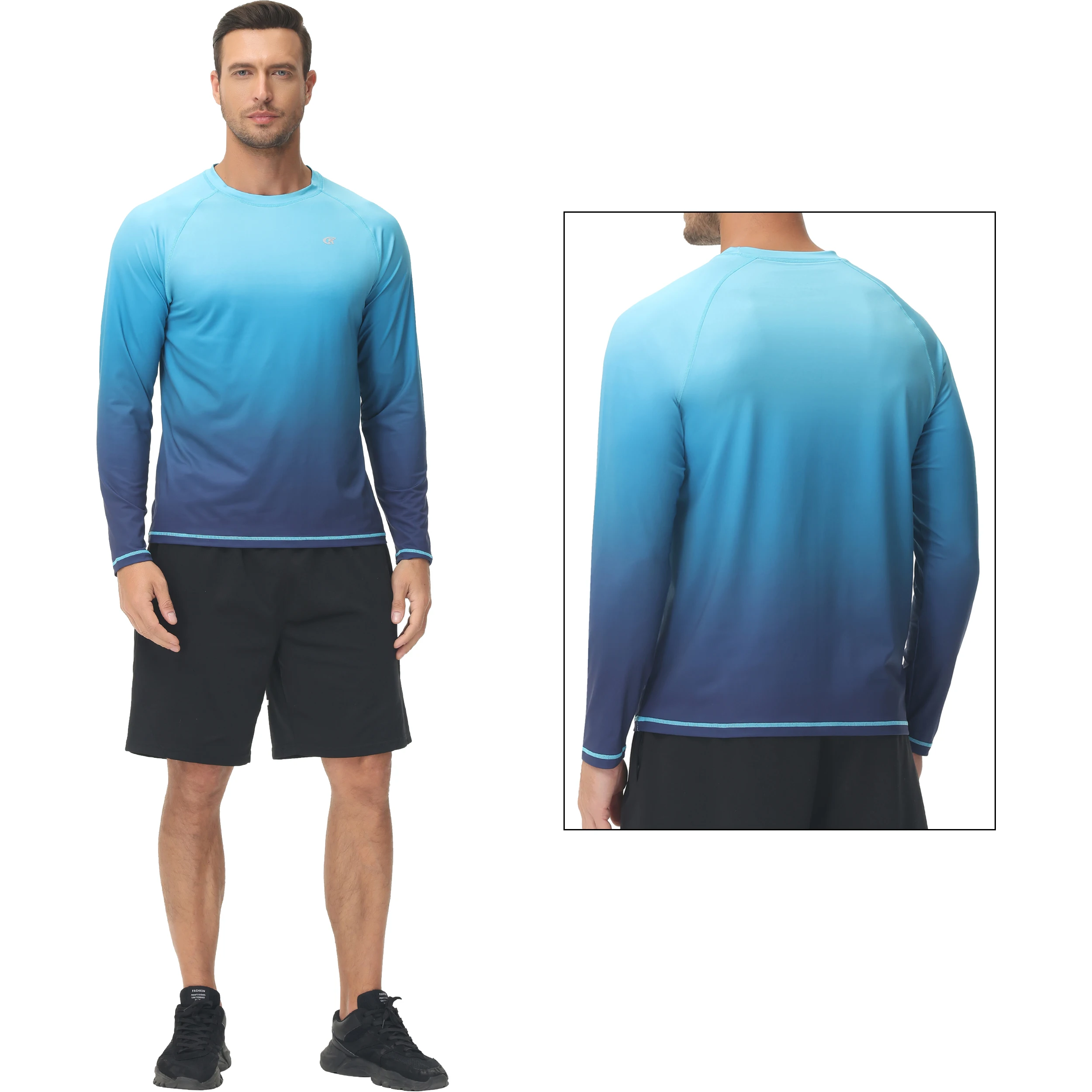 Description Picture 5 of itemMen UPF 50+ Gradient Long Sleeve Swim Tee Breathable Surf Shirt Rash Guard Hiking Outdoor Shirts