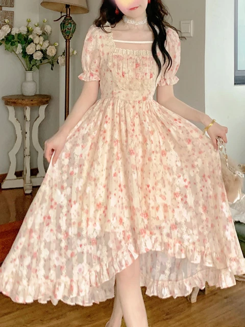 Summer Chiffon Elegant Kawaii Dress Women Floral Print Sweet Princess  Casual Midi Dress Female Puff Sleeve Party Holiday Dress - Dresses -  AliExpress