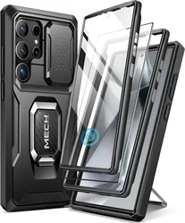 Samsung Phone Case with Built - in Slide Camera Cover and Ring Stand - Military Grade Rugged Shockproof Protection - Pc + tpu (Black)