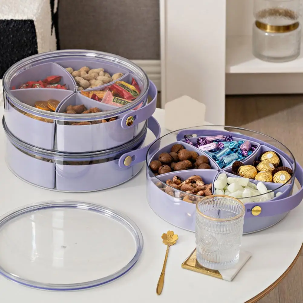 Divided Snack Tray with lid, Serving Tray with Handle, 5 compartments,  Mini-Scooper Included,Storage Container for Nuts, Candy, Veggies and Fruit