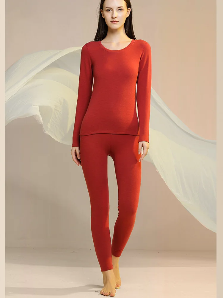 Silk Wool Warm Thermal Wear Women, O-Neck Fleece Thick Basic Ladies Two Piece Sets Autumn Winter