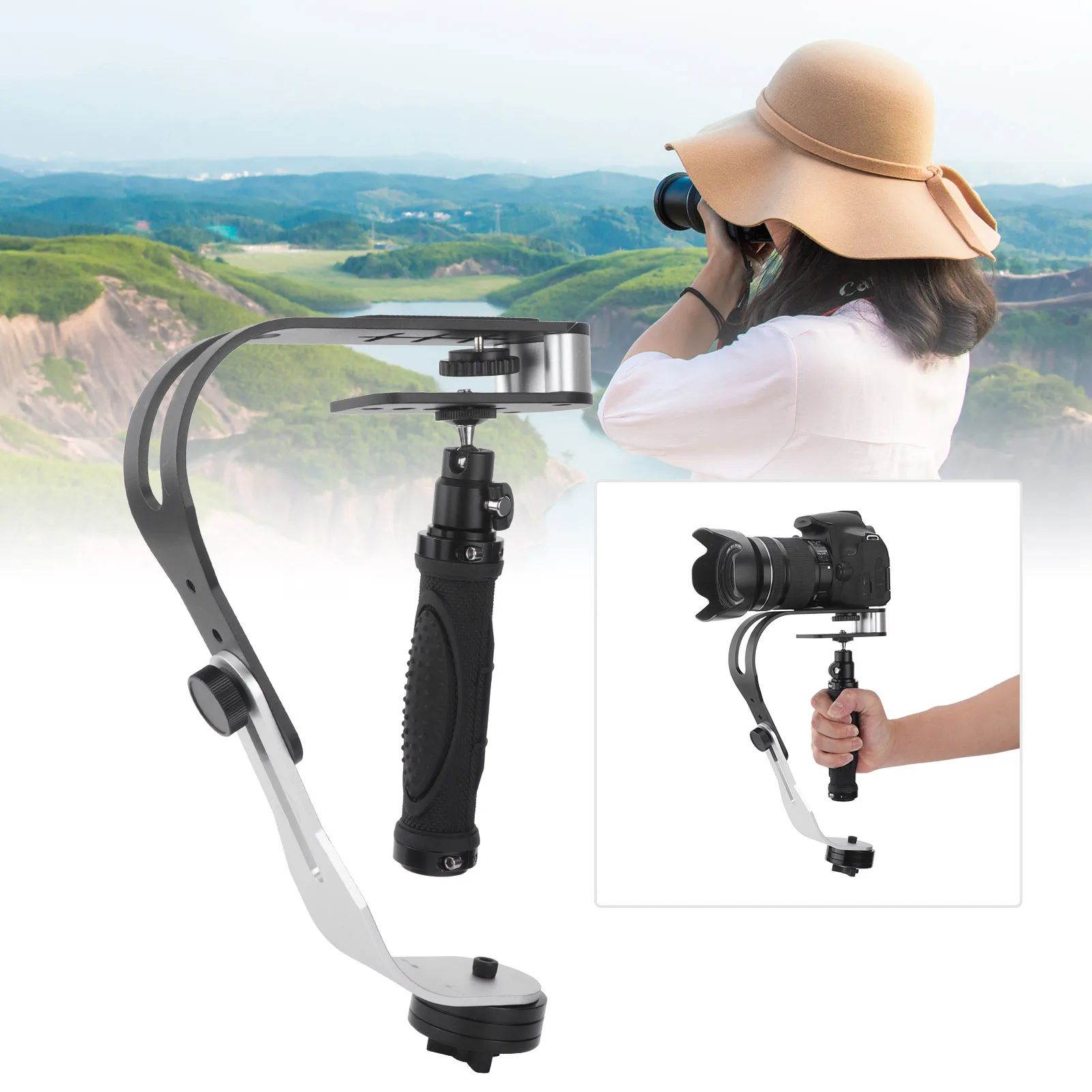 Stabilisateur de caméra DSLR UF-007 fixé à un appareil photo, montrant le système de verrouillage rapide.