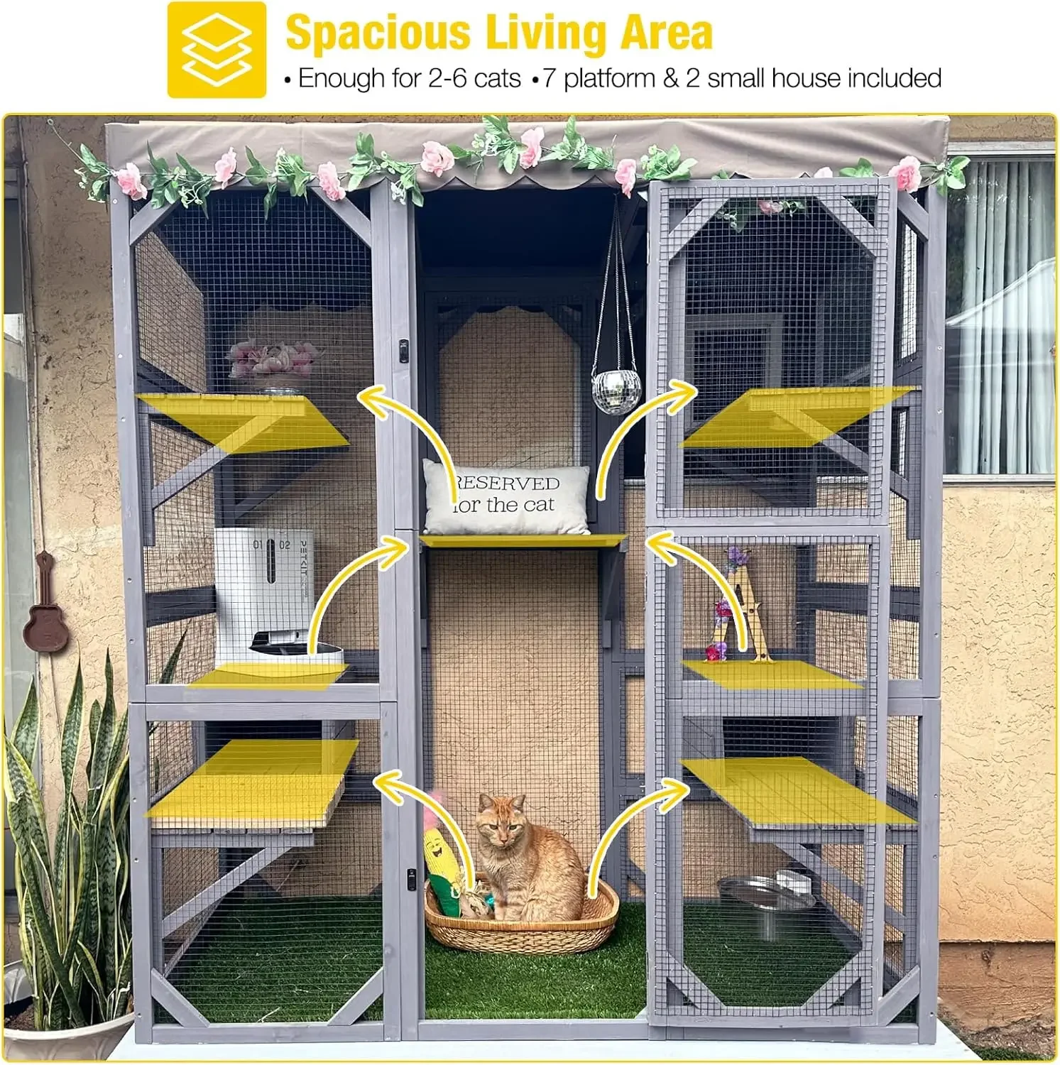 Catio Outdoor Cat Enclosure Large Cat House for Mulitiple Cats Walk in Kitty Cage with Tarp Roof 70"