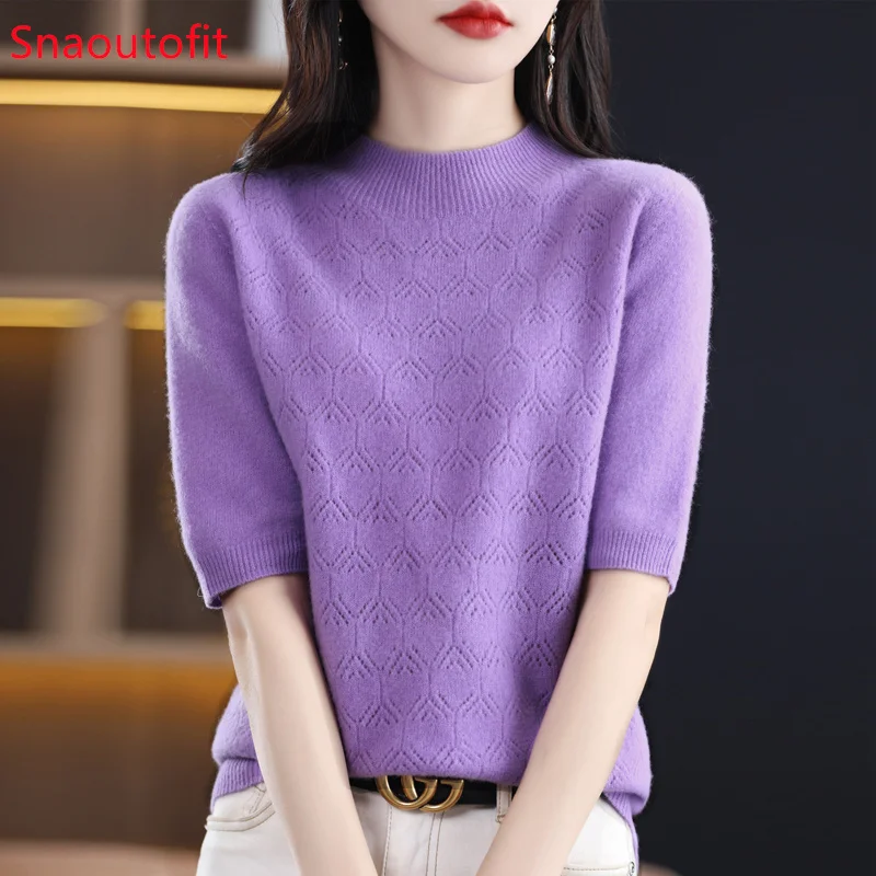 

2023 Spring Cashmere Sweater Knitted Women's Pullover 100% Wool Short Sleeve Loose Hollowed Out Mid-Sleeve Fashion T-shirt Top