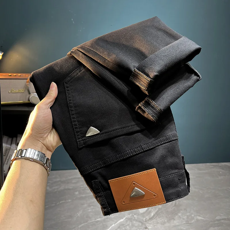 Pure black jeans men's high-end affordable luxury fashion stretch pencil pants trendy all-match casual slim fit skinny pants