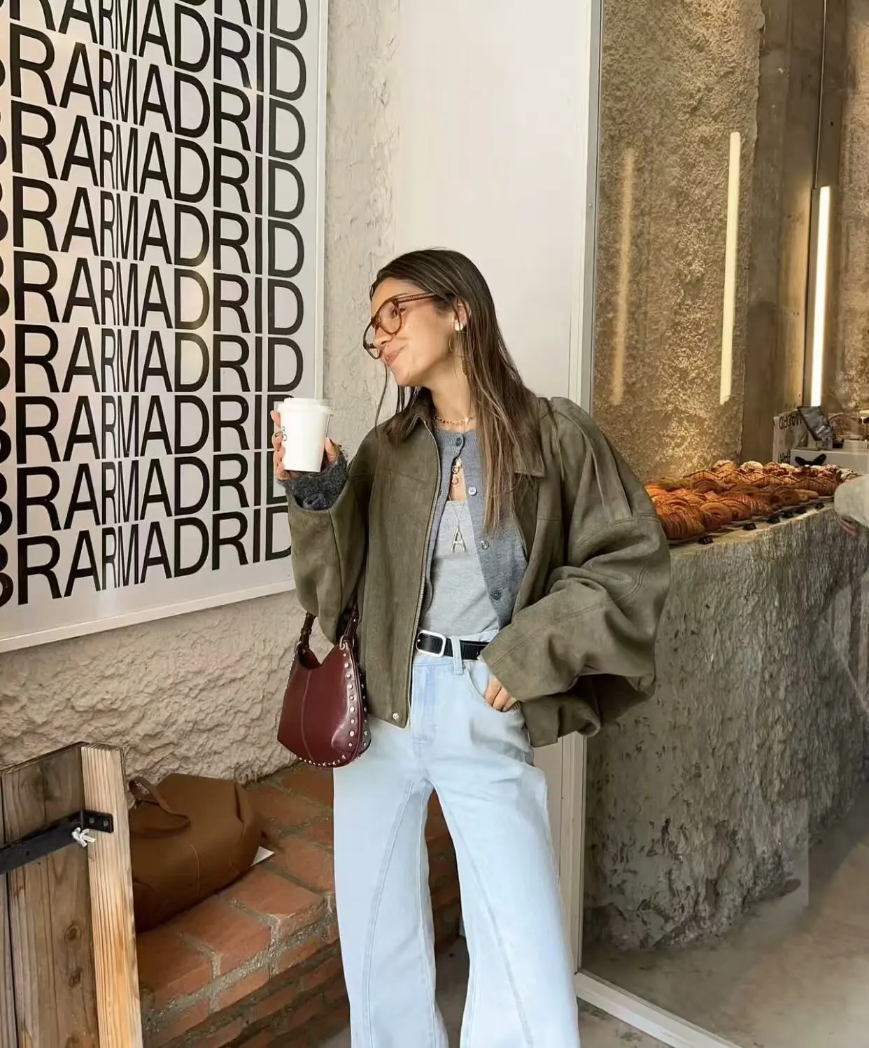 Women Bomber Jackets Suede Texture Coats Fashion Turn-down Collar Long Sleeve Loose Vintage Female Outerwear Chic Top Streetwear - 5