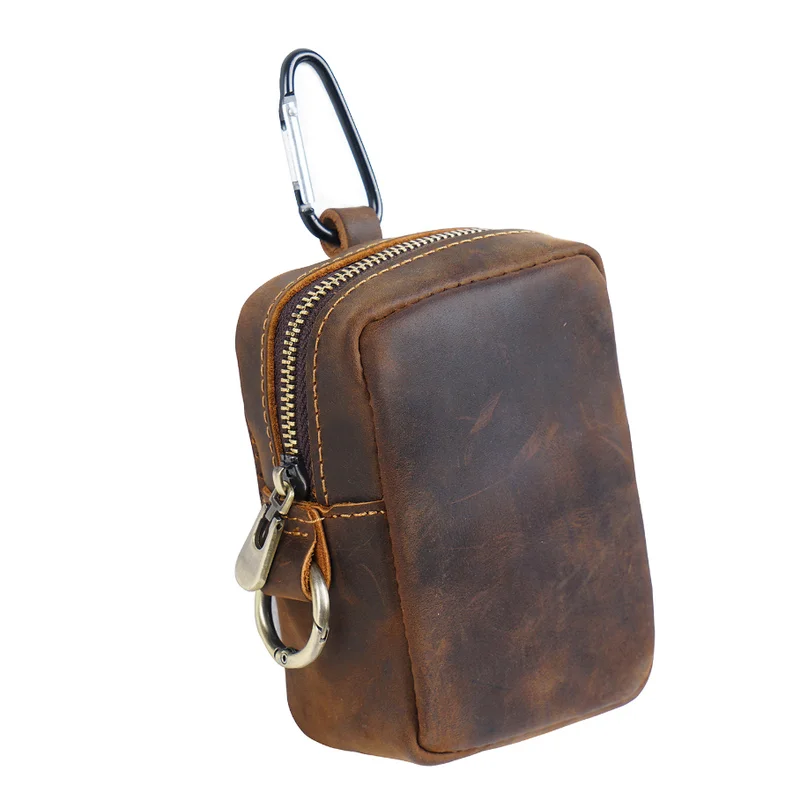 Cowhide Leather Waist Bag Crazy Horse Leather Belt Pouch Bags Card Holder Key Wallets Zipper Purse Coin Pocket Card Holder