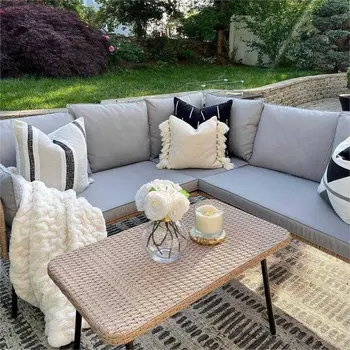 Rattan Patio Furniture Set, Outdoor Wicker Conversation Sectional L-Shaped Sofa with Thickness Cushions and Side Table 2
